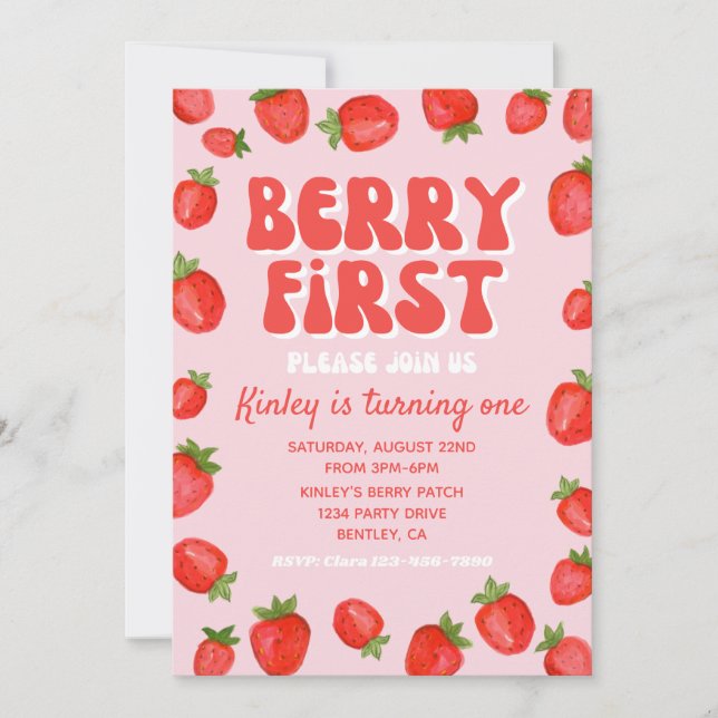 Berry First Birthday-inbjudan | Jordgubbar Inbjudningar (Framsida)