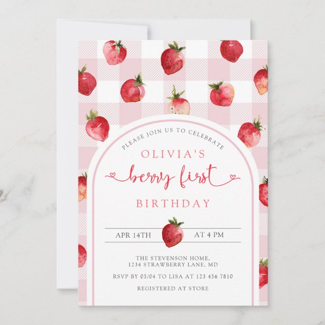 Berry First Birthday-inbjudan | Jordgubbar Inbjudningar (Framsida)