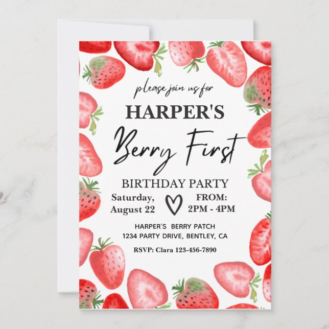 Berry First Birthday-inbjudan | Jordgubbar Inbjudningar (Framsida)