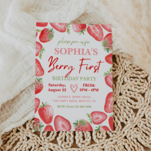 Berry First Birthday-inbjudan Jordgubbar Inbjudningar
