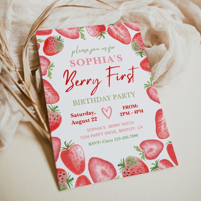 Berry First Birthday-inbjudan | Jordgubbar Inbjudningar (Skapare uppladdad)