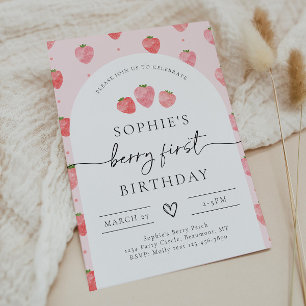 Berry First Birthday-inbjudan Jordgubbar Inbjudningar