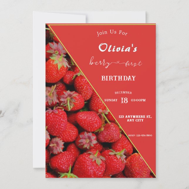 Berry First Birthday-inbjudan | Jordgubbstema Inbjudningar (Framsida)