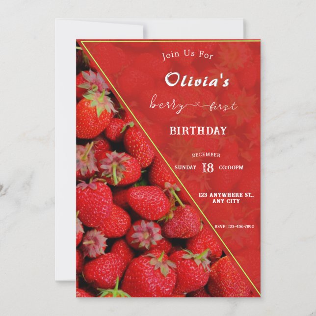 Berry First Birthday-inbjudan | Jordgubbstema Inbjudningar (Framsida)