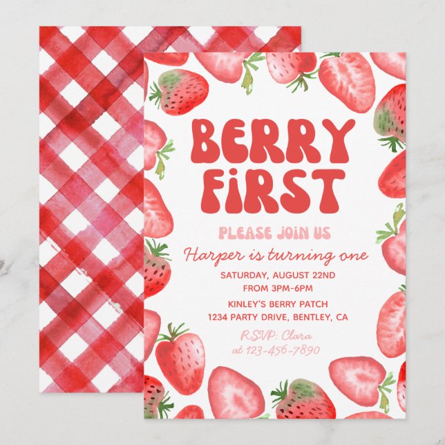Berry First Birthday-inbjudan | Retro Strawberry Inbjudningar (Fram/baksida)