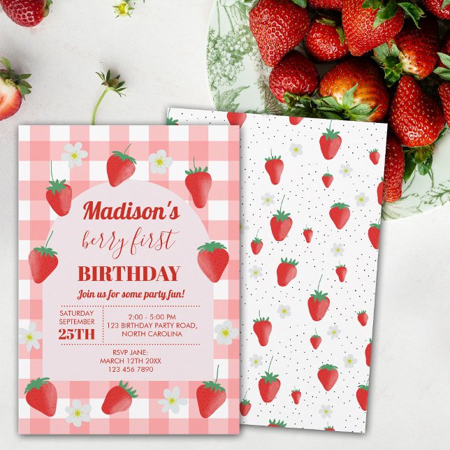 Berry First Birthday jordgubberry Första sommaren Inbjudningar (Berry First Birthday Strawberry First 1st Summer Invitation)