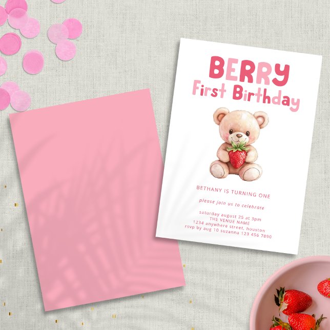 Berry First Birthday Nalle 1:a födelsedagen Inbjudningar (front and back view)