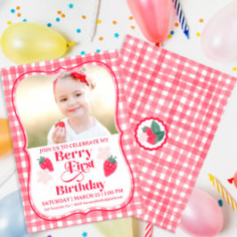 Berry First Birthday Photo Strawberry Girls 1st Inbjudningar
