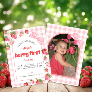Berry First Birthday Pink Bow Gingham Photo Inbjudningar