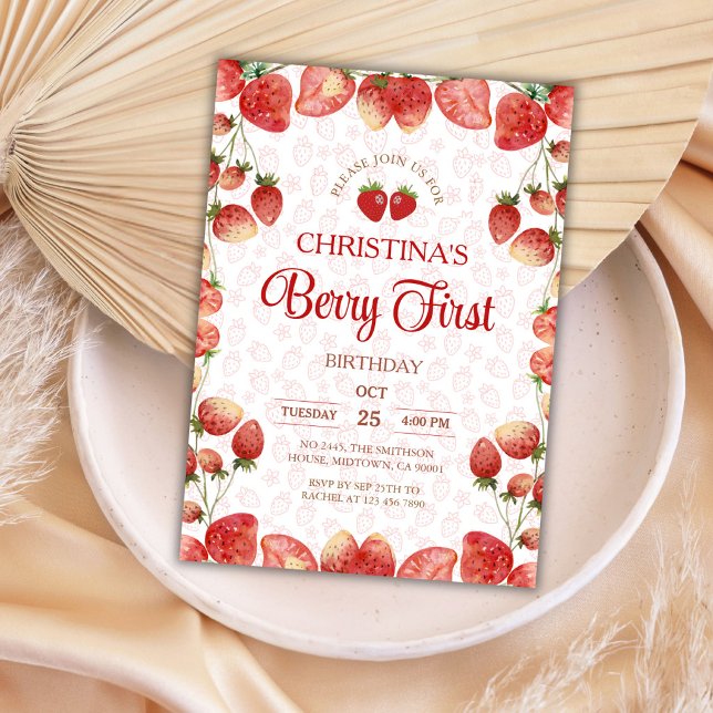 Berry first birthday pink strawberry cute girl inbjudningar (Skapare uppladdad)