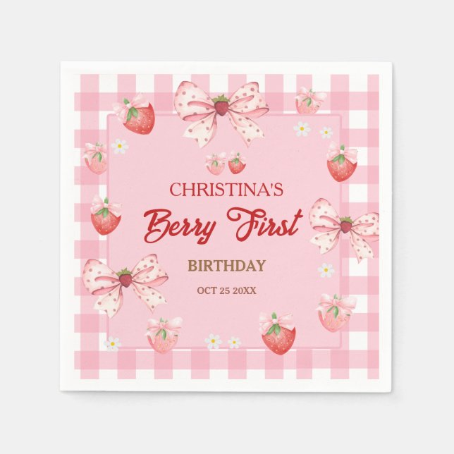 Berry first birthday pink strawberry gingham girl pappersservett (Framsidan)