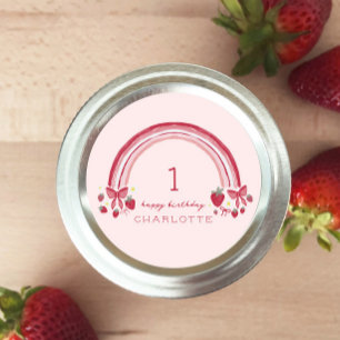 Berry First Birthday Rainbow Strawberry Bows Runt Klistermärke