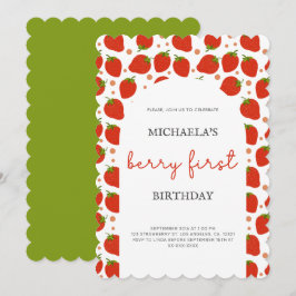 Berry First Birthday Red Strawbär Scallop Inbjudningar