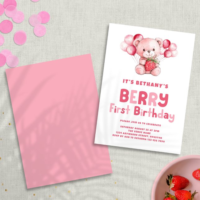 Berry First Birthday Strawberry 1:a födelsedag Inbjudningar (Front and back view)