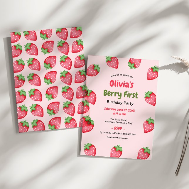 Berry First Birthday Strawberry 1:a födelsedag Inbjudningar (Berry First Birthday Strawberry 1st Birthday Invitation )
