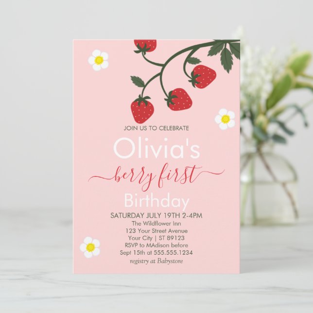 Berry First Birthday Strawberry 1:a födelsedag Inbjudningar (Stående Fram)