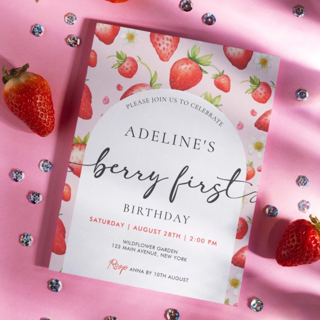 Berry First Birthday Strawberry 1:a födelsedag Par Inbjudningar (Girl Berry First Birthday Party Strawberry Invitation )
