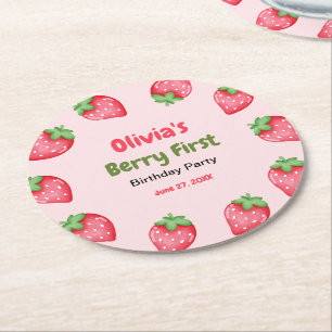 Berry First Birthday Strawberry 1:a födelsedag Underlägg Papper Rund
