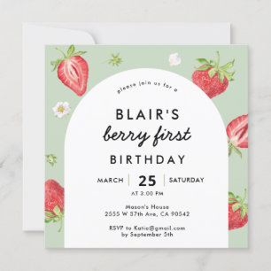 Berry First Birthday Strawberry Arch Square Inbjudningar