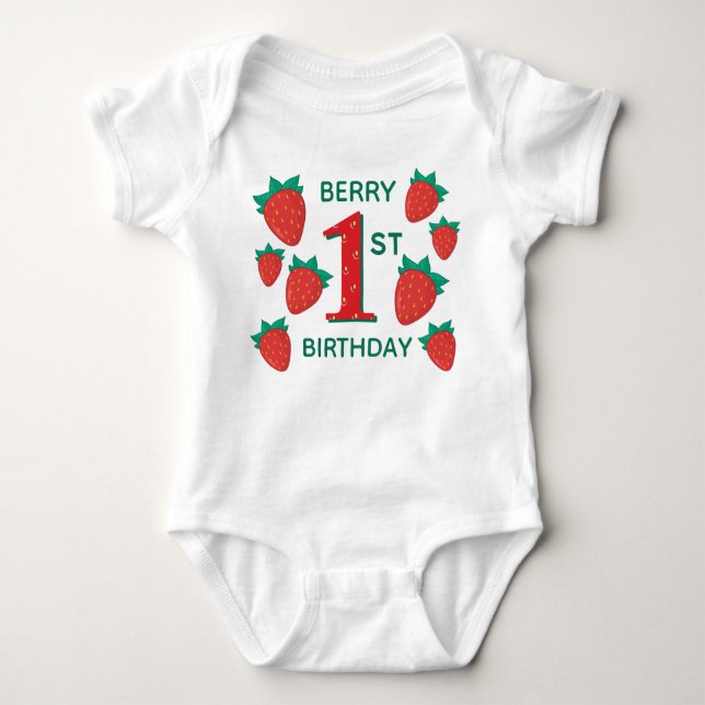 Berry First Birthday Strawberry Baby Outfit T Shirt (Framsida)