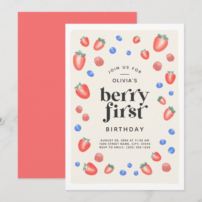 Berry First Birthday Strawberry Birthday Inbjudningar (Fram/baksida)