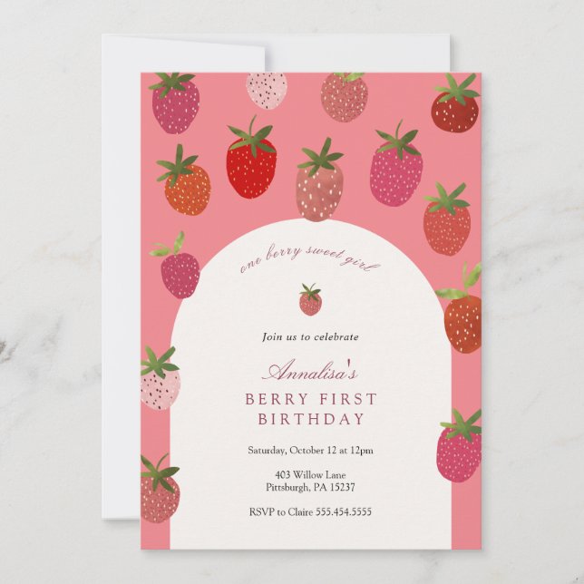 Berry First Birthday Strawberry Birthday Inbjudningar (Framsida)