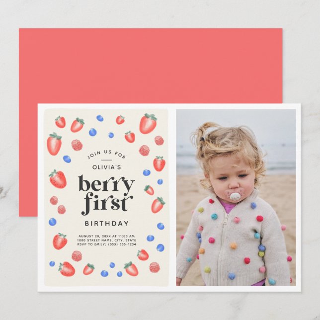 Berry First Birthday Strawberry Birthday Invati Inbjudningar (Fram/baksida)