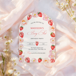 Berry First Birthday Strawberry Bow 1st Birthday Inbjudningar