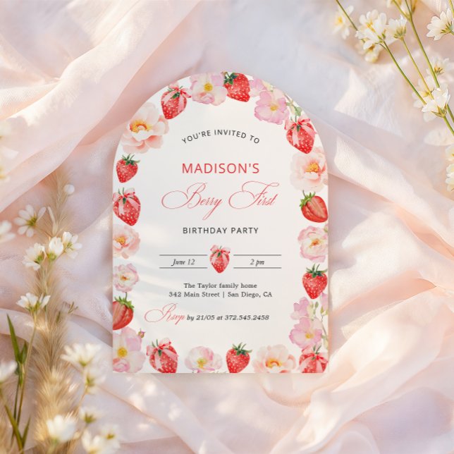 Berry First Birthday Strawberry Bow 1st Birthday Inbjudningar (Skapare uppladdad)