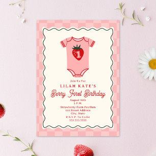 Berry First Birthday Strawberry Checker Bodydräkt Inbjudningar