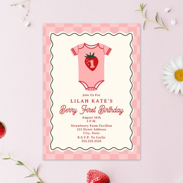 Berry First Birthday Strawberry Checker Bodydräkt Inbjudningar (Skapare uppladdad)