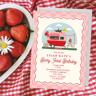 Berry First Birthday Strawberry Checker Camper Inbjudningar