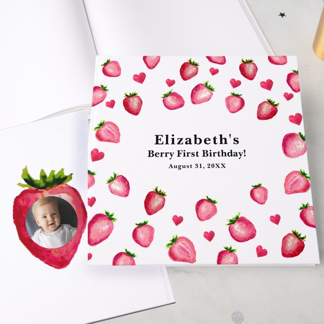 Berry First Birthday Strawberry Custom Photo Gästböcker (Skapare uppladdad)