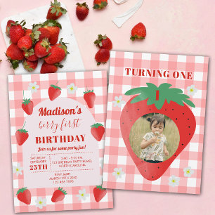 Berry First Birthday Strawberry First 1 st Photo Inbjudningar