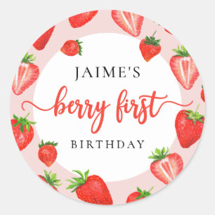 Berry First Birthday Strawberry Girl 1 födelsedag Runt Klistermärke