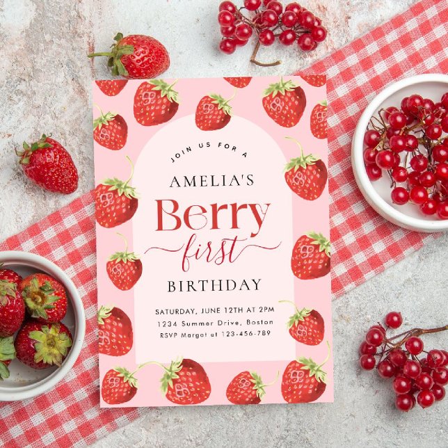 Berry First Birthday Strawberry Girl Inbjudningar (Skapare uppladdad)