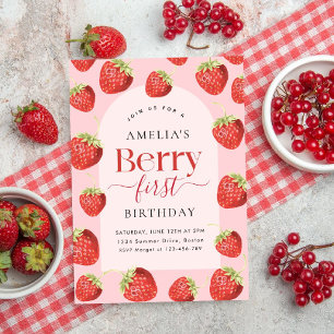 Berry First Birthday Strawberry Girl Inbjudningar