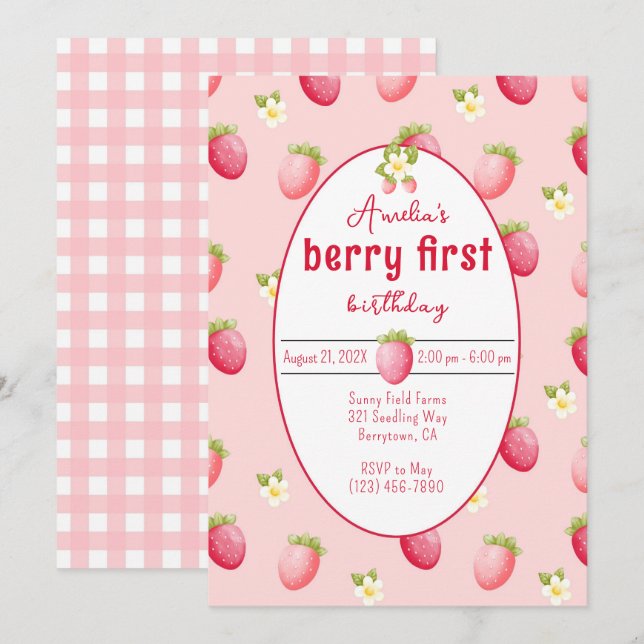 Berry First Birthday Strawberry-inbjudan Inbjudningar (Fram/baksida)