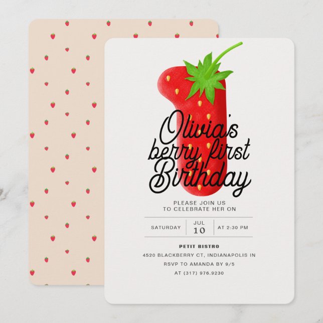 Berry First Birthday Strawberry Inbjudningar (Fram/baksida)