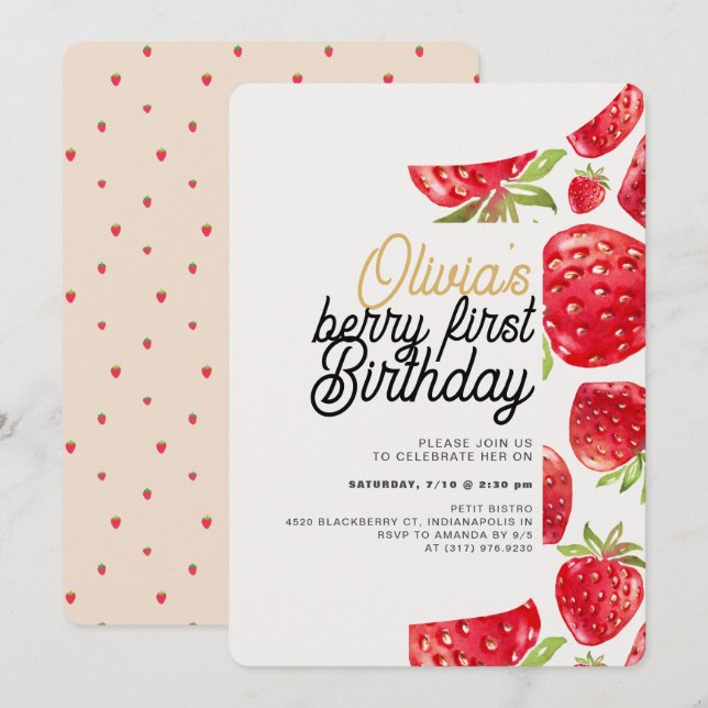 Berry First Birthday Strawberry Inbjudningar (Fram/baksida)
