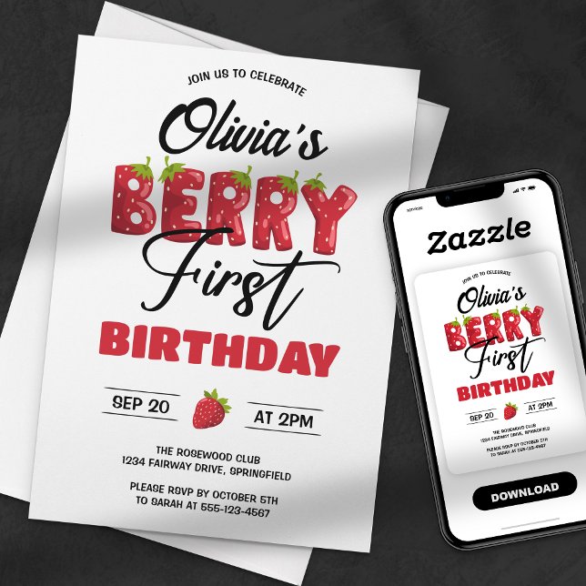 Berry First Birthday Strawberry Inbjudningar (Skapare uppladdad)