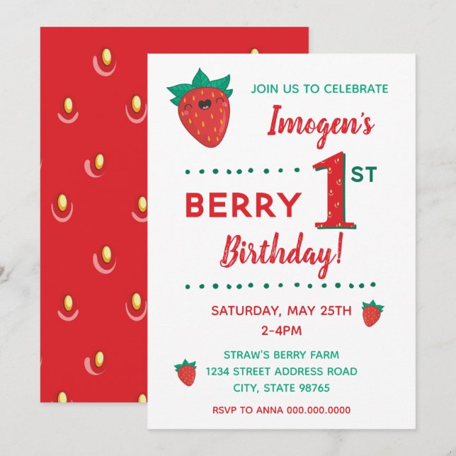 Berry First Birthday Strawberry Inbjudningar (Fram/baksida)