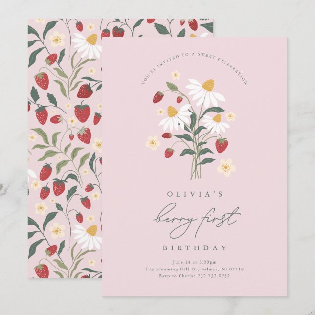 Berry First Birthday Strawberry Inbjudningar (Fram/baksida)