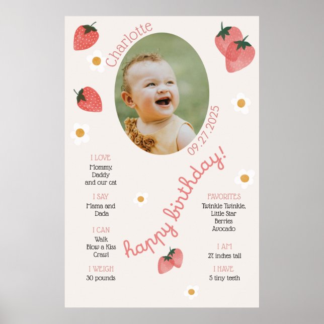Berry First Birthday Strawberry Milestone Girl Poster (Framsidan)