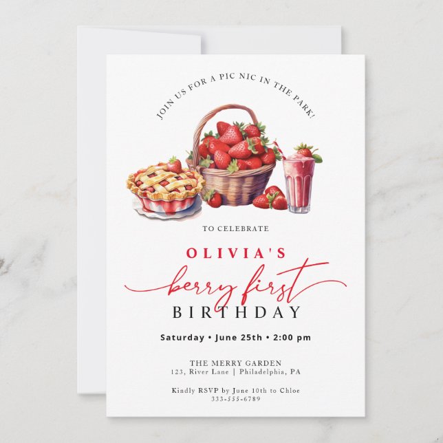 Berry First Birthday Strawberry Party bjudan Inbjudningar (Framsida)