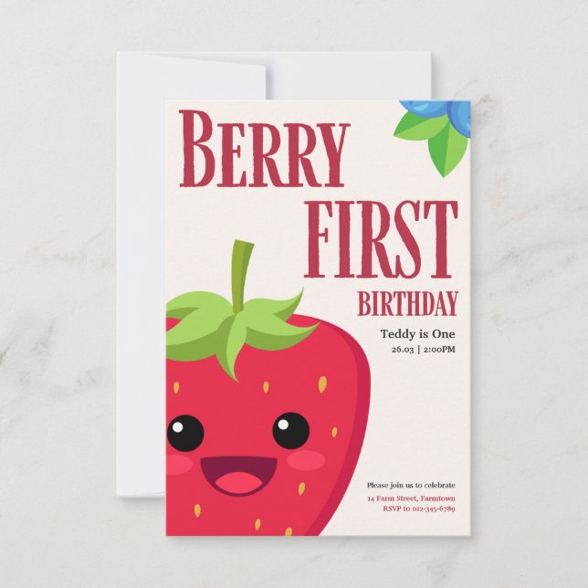 Berry First Birthday Strawberry Party Inbjudningar (Framsida)