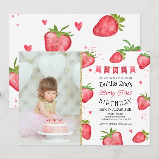 Berry First Birthday Strawberry Photo Inbjudningar (Fram/baksida)