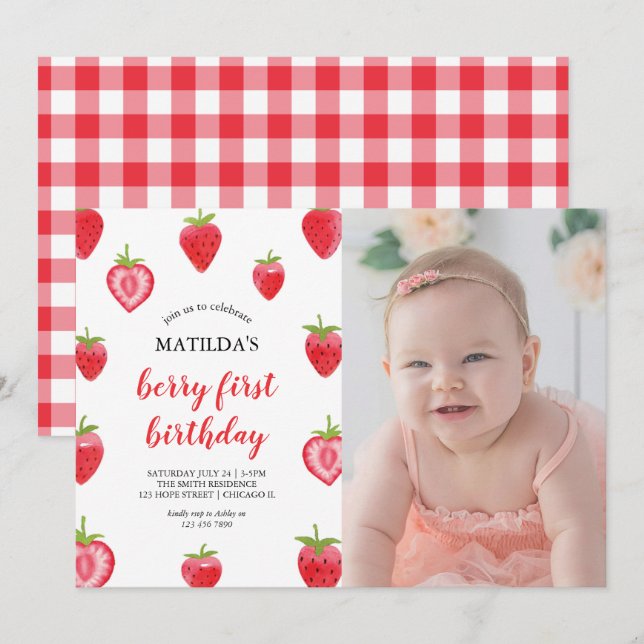 Berry First Birthday Strawberry Photo Investigatio Inbjudningar (Fram/baksida)