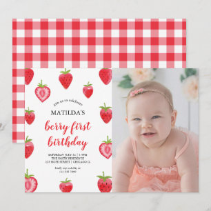 Berry First Birthday Strawberry Photo Investigatio Inbjudningar