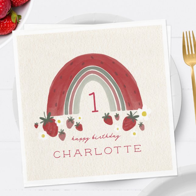Berry First Birthday Strawberry Rainbow Blommigt Pappersservett (Skapare uppladdad)